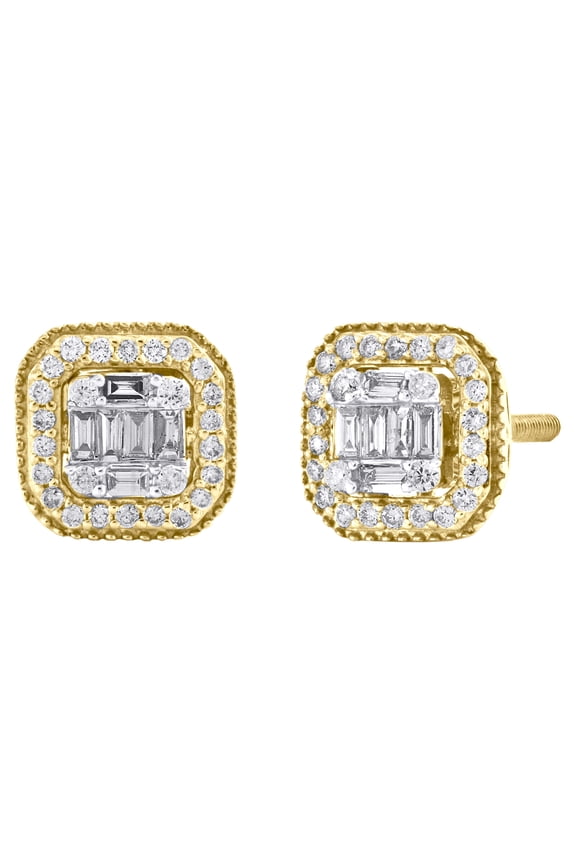 14K Yellow Gold Baguette Diamond Milgrain Halo Frame Stud 9mm Earrings 3/8 CT.
