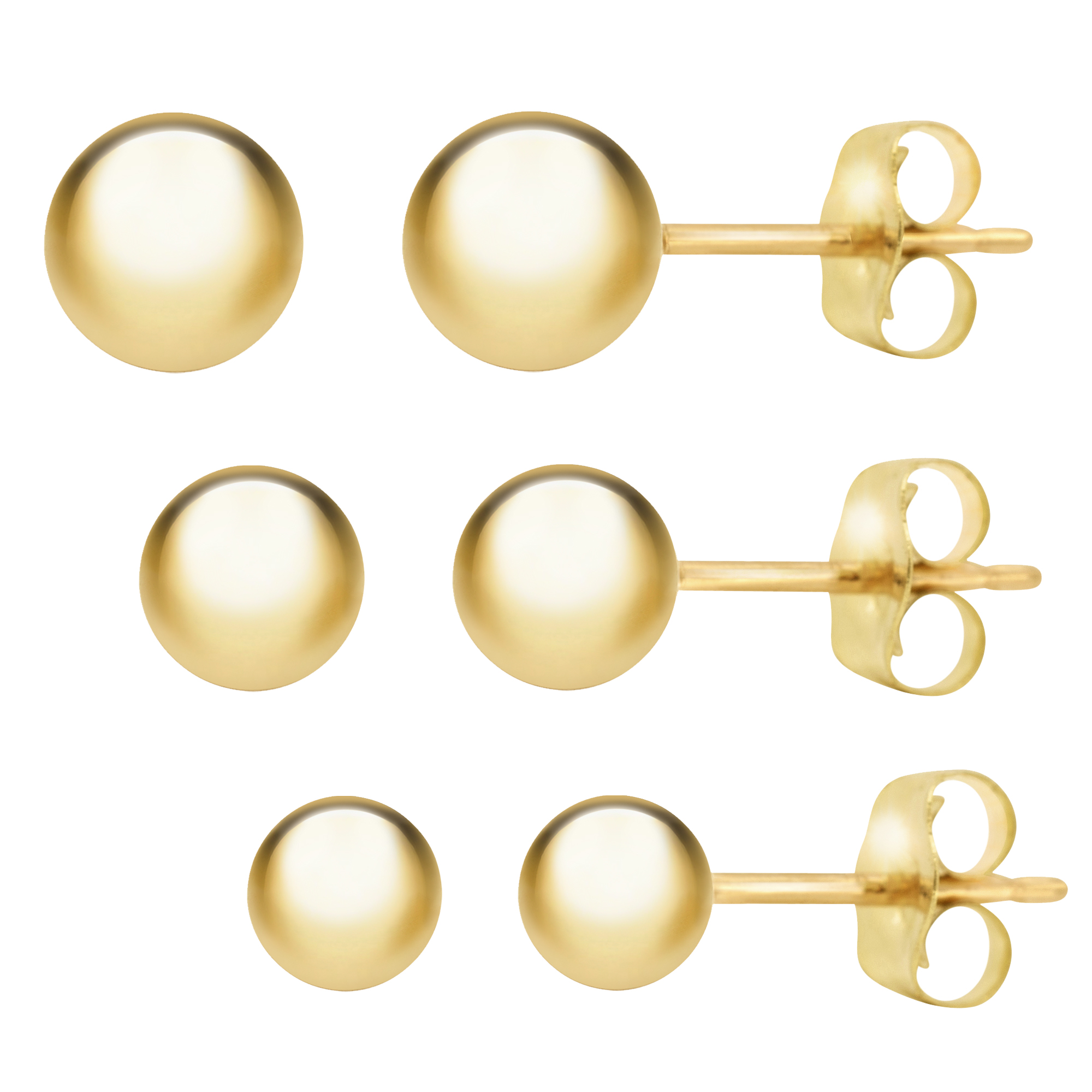 14K Yellow Gold Ball Earrings for Women 3MM, 4MM, 5MM (3 Pack