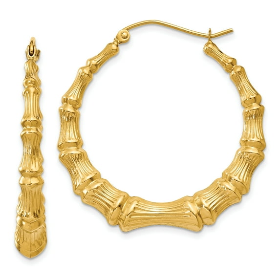 14K Yellow Gold Bamboo Hoop Earrings Jewelry