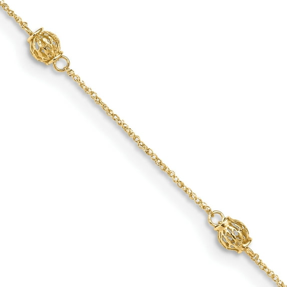 14K Yellow Gold Bead 9In Plus 1In Ext. Anklet Made In Indonesia ank227-10