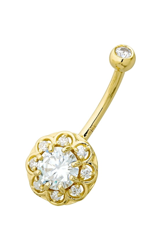 14K Yellow Gold Belly Button Ring with 0.87 cttw VVSI Moissanite Gemstones, 14G Banana Barbell, 9/16" 14mm Barbell Navel Piercing Jewelry 14KBR008YG
