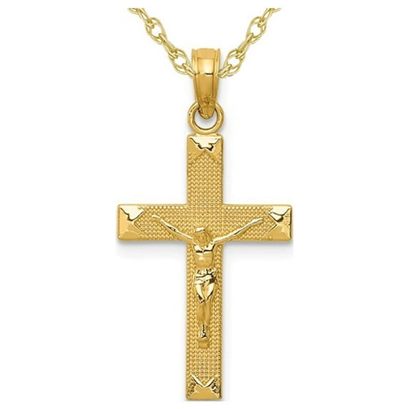 14K Yellow Gold Beveled Tipped Crucifix Cross Pendant Necklace with Chain