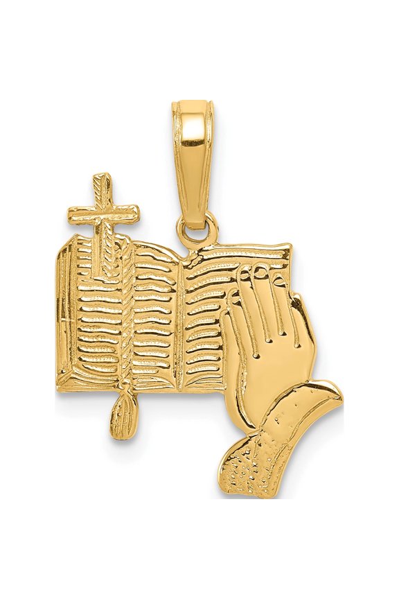 14K Yellow Gold Bible, Praying Hands, And Cross Pendant (20 X 16) Made In Peru c4419
