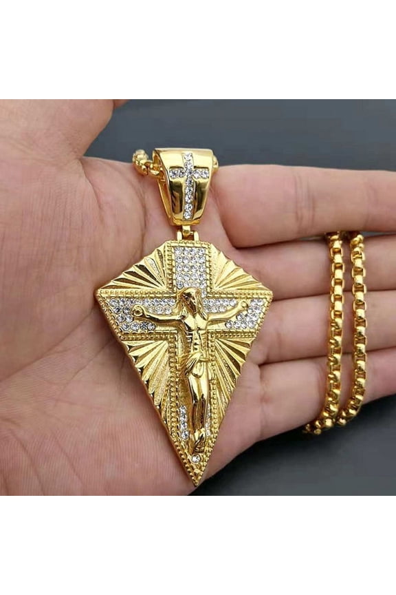 14K Yellow Gold Big Jesus Cross Pendant Chain Male Paved Rhinestones Crucifix Necklaces For Men Jewelry