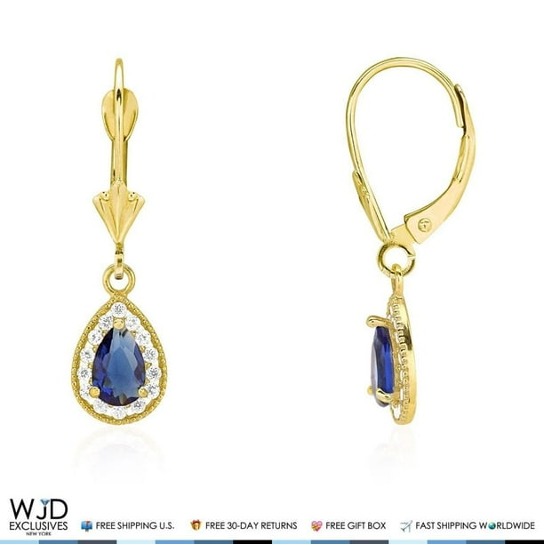14K Yellow Gold Birthstone Milgrain Halo Teardrop Dangle Leverback