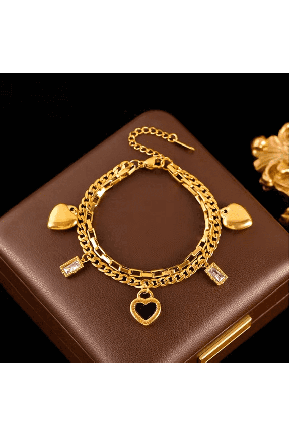 14K Yellow Gold Black White Reversible Heart Charm Bracelet For Women Fashion Wrist Chain Waterproof Jewelry Gift