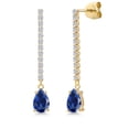 thumbnail image 1 of 14K Yellow Gold Blue Created Sapphire and White Lab Grown Diamond Long Liner Dangle Earrings for Women | 2.36 Cttw | Gemstone September Birthstone | Pear Shape 7X5MM | White Gold Chain Drop Earrings, 1 of 6