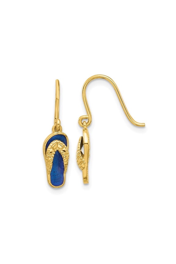 Gem & Harmony 14K Yellow Gold Blue Enamel Flip Flop Dangle Charm Earrings for Women