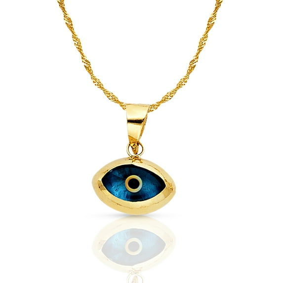 14K Yellow Gold Blue Evil Eye Charm Pendant with 1.2mm Singapore Chain Necklace - 16"