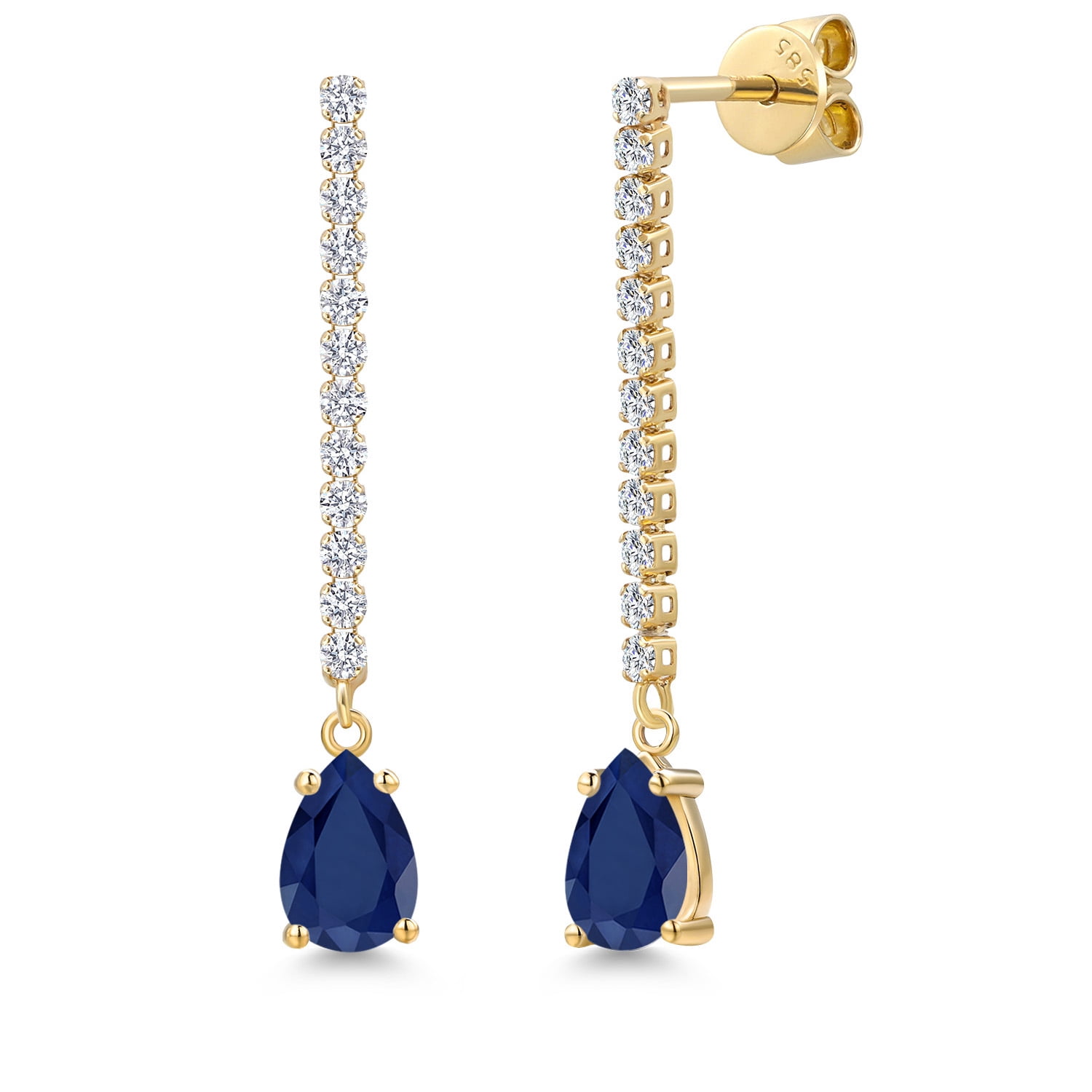 14K Yellow Gold Blue Sapphire and White Lab Grown Diamond Long Liner Dangle Earrings for Women | 2.14 Cttw | Gemstone September Birthstone | Pear Shape 7X5MM | White Gold Chain Drop Earrings