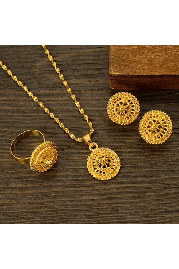 14K Yellow Gold Bridal Necklace Earrings ring set India Dubai Jewelry drop shaped jewelry set