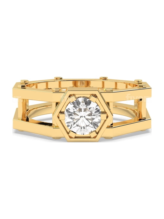 14K Yellow Gold Brilliance Management Ring In A Nuts & Bolts Gear Design 1 CT Diamond G-H, VS-SI Green Lab Grown by RYLOS Sizes 8-13