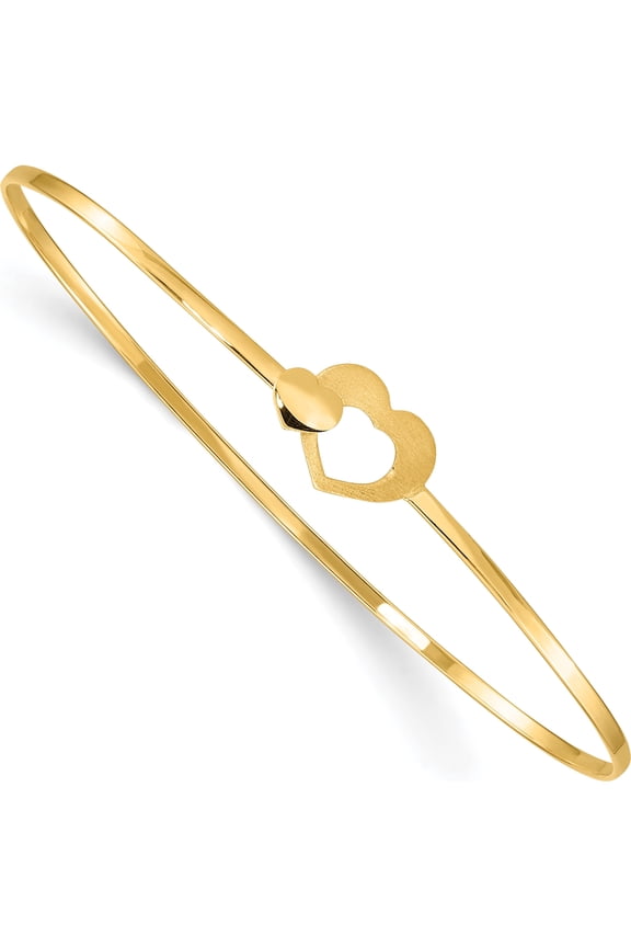 14K Yellow Gold Brushed and Polished Two Hearts Clasp 1.60mm Flexible Oval Bangle Bracelet