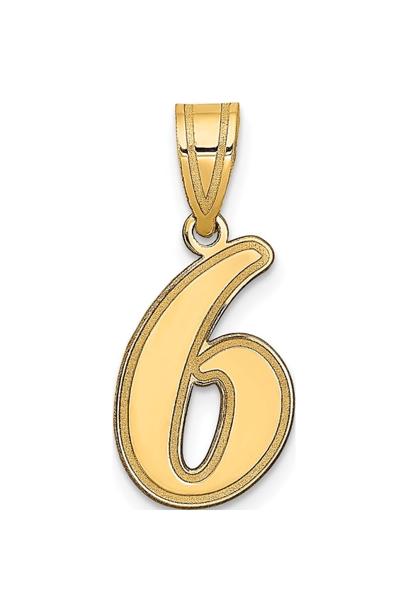 14K Yellow Gold Brushed Border Script Number 6 Pendant (Width 10.68) (Length 17.19) - Jbsp