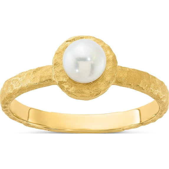 14K Yellow Gold Brushed & Hammered 5-6Mm Rnd Wht Freshwater Cultured Pearl Ringsize 7 - Jbsp