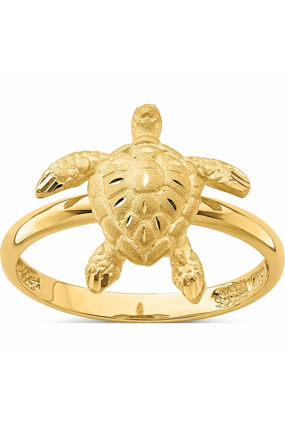 14K Yellow Gold Brushed and Polished Diamond-cut Turtle Ring