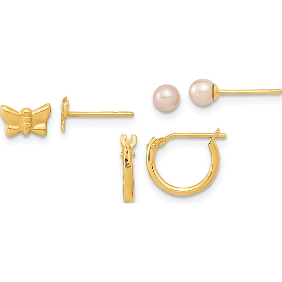 14K Yellow Gold Butterfly Fw Cultured Pearl And Hoop 3 Pair Earrings Set (8.5 X 7) Made In United States ye2099