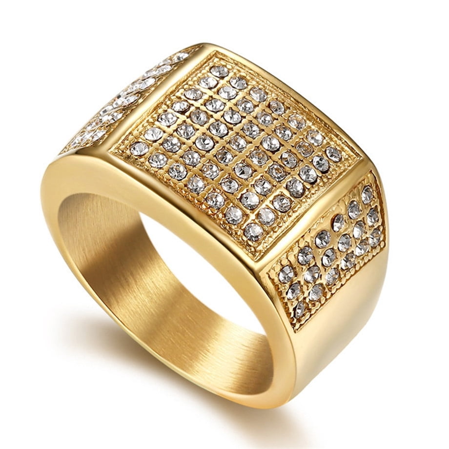 14K Yellow Gold CZ Big Ring For Men Golden Color Iced Out Charm Square ...