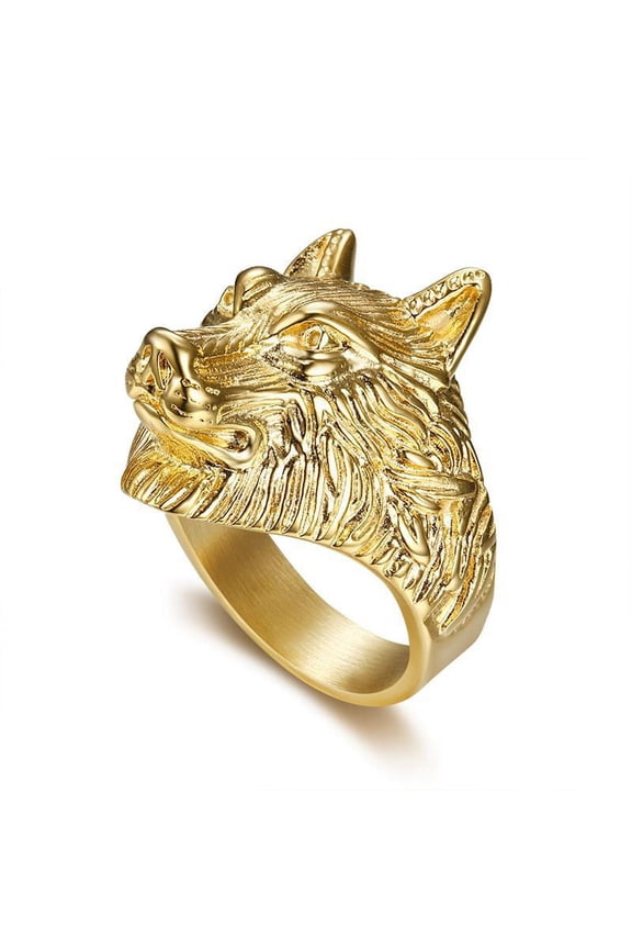 14K Yellow Gold Cast Domineering Ice Wolf Head Viking Wolf Head Punk Men's Ring Nordic Retro Hip-hop Jewelry