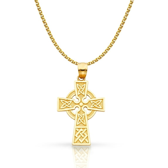 14K Yellow Gold Celtic Cross Pendant with 1.5mm Flat Open Wheat Chain Chain Necklace - 18"