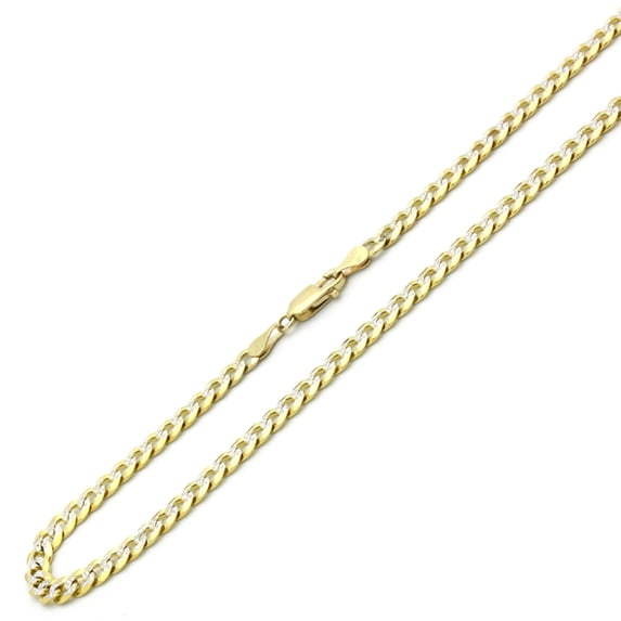 14K Yellow Gold Chain 5mm White Pave Curb Chain Necklace (22, 24, 26 Inches)