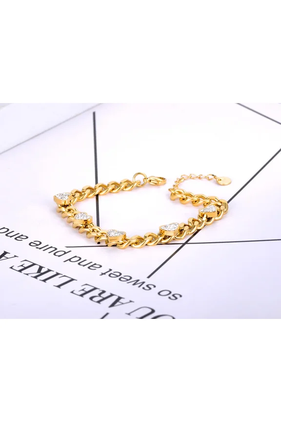 14K Yellow Gold Chain Link Bracelets Trendy Golden Color Rhinestone Heart Charm Bracelet For Women