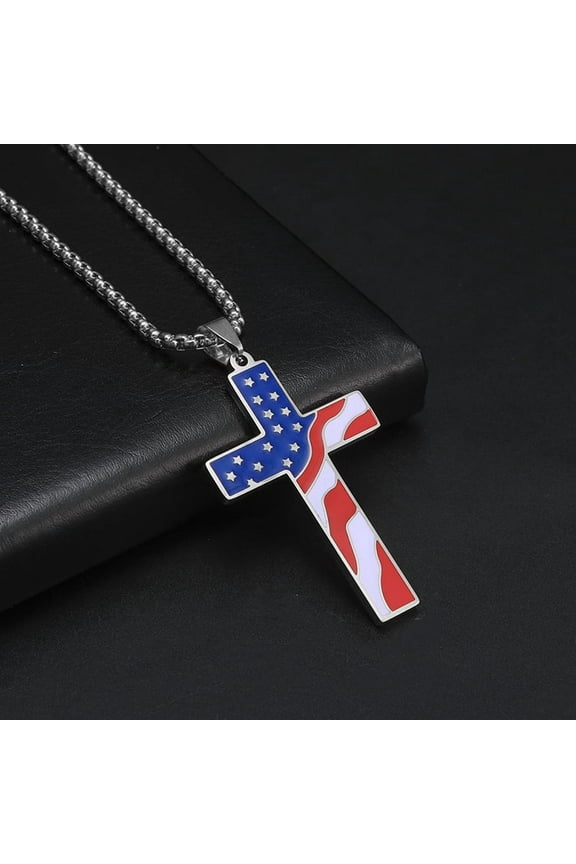 14K Yellow Gold Chains American Flag Golden Silver Color Necklace Jesus Christ Cross Pendant Enamel USA Flag Patriotic Christian Jewelry Long Chain