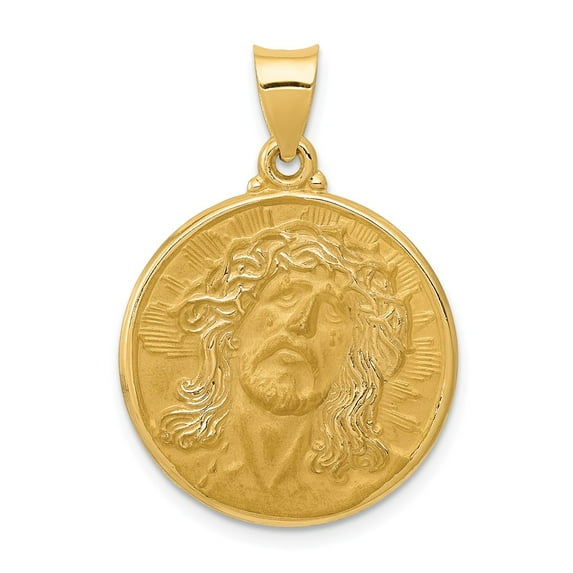 14K Yellow Gold Charm Pendant 24 mm 21 Polished And Satin Face Of Jesus Medal