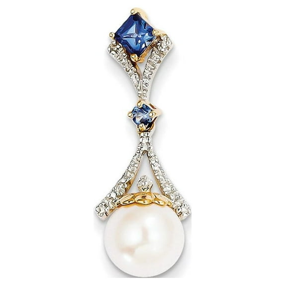 14K Yellow Gold Charm Pendant Diamond Round Pearl Freshwater Sapphire, Lab Created Square Blue 28 mm 10