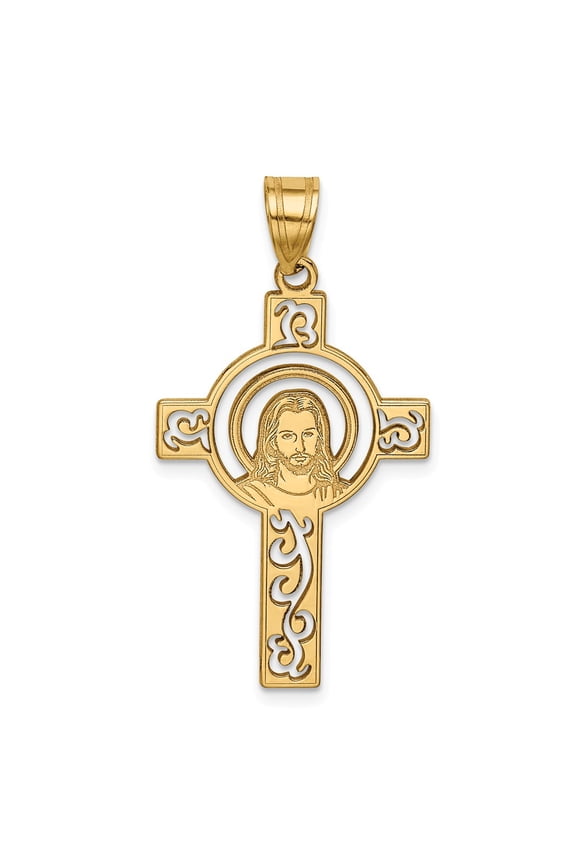 14K Yellow Gold Charm Pendant Laser Cut Jesus Face Cross