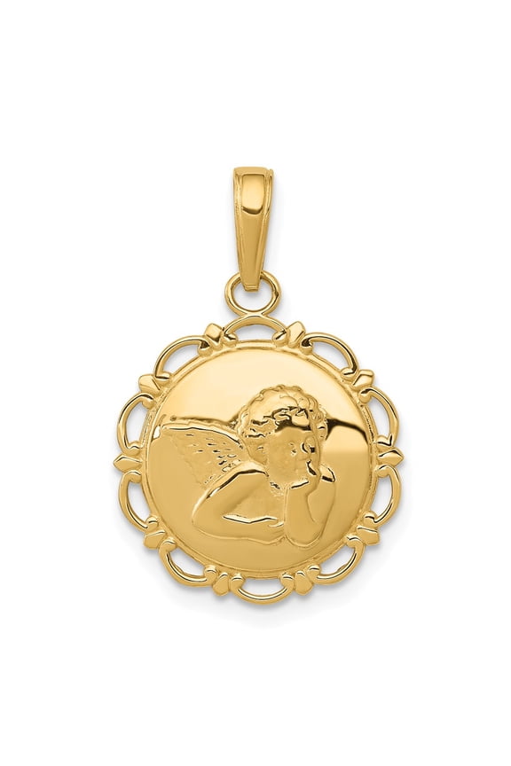 14K Yellow Gold Charm Pendant Polished Angel Cherub On Round Scallop Frame