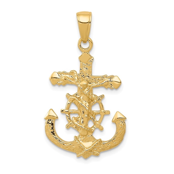 14K Yellow Gold Charm Pendant Polished & Textured 2-D Mariners Crucifix Rope Wheel