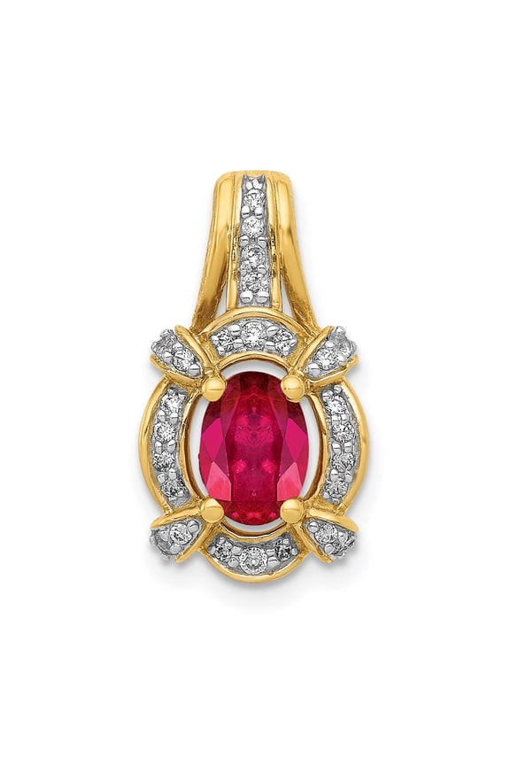 14K Yellow Gold Charm Pendant Ruby Oval Red Diamond Round