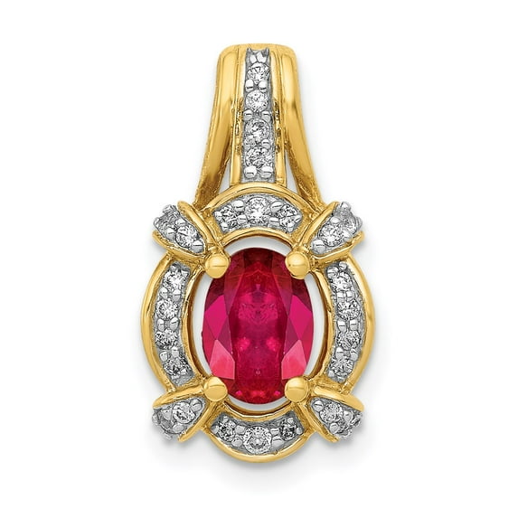 14K Yellow Gold Charm Pendant Ruby Oval Red Diamond Round