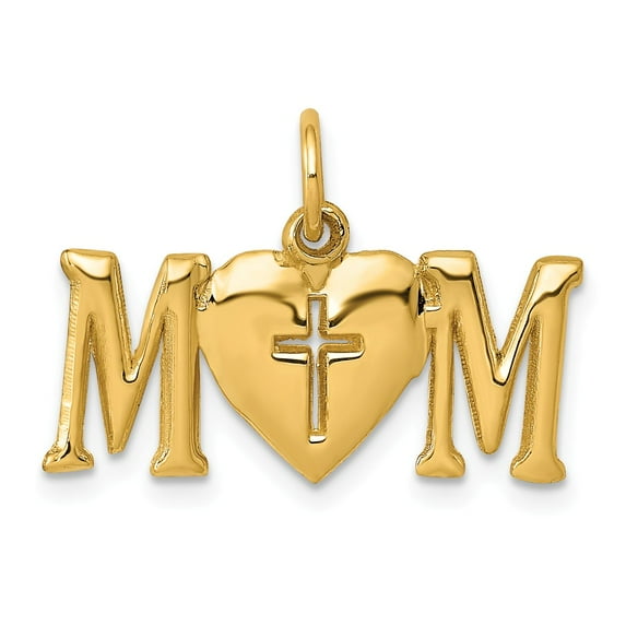 14K Yellow Gold Charm Pendant Themed 16 mm 22 Polished Mom With Cross