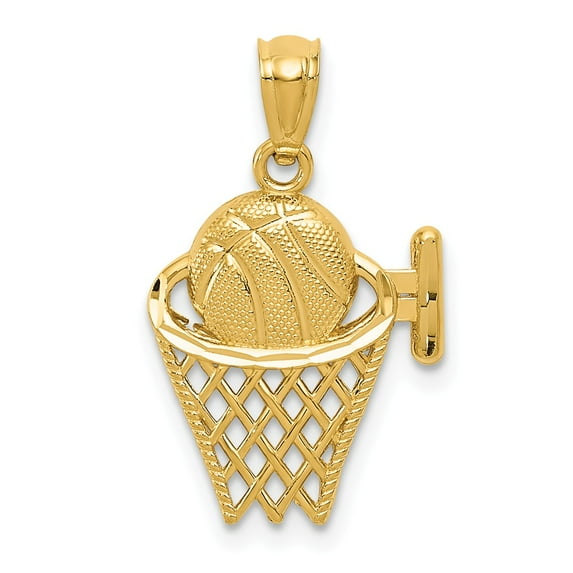 14K Yellow Gold Charm Pendant Themed 21 mm 13 Basketball In The Net
