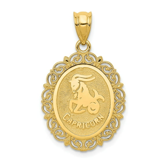 14K Yellow Gold Charm Pendant Themed 25 mm 18 Solid Satin Polished Capricorn Zodiac Oval