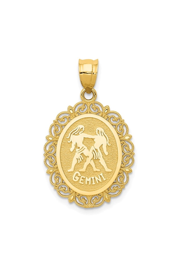 14K Yellow Gold Charm Pendant Themed 25 mm 18 Solid Satin Polished Gemini Zodiac Oval