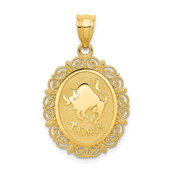 14K Yellow Gold Charm Pendant Themed 25 mm 18 Solid Satin Polished Taurus Zodiac Oval