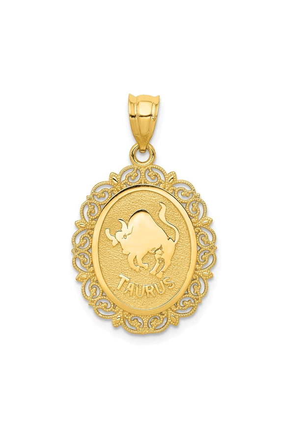 14K Yellow Gold Charm Pendant Themed 25 mm 18 Solid Satin Polished Taurus Zodiac Oval