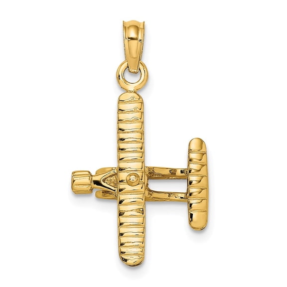 14K Yellow Gold Charm Pendant Themed 34.25 mm 16 3-D Bi-Plane With Ribbed Wings