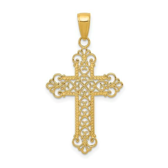 14K Yellow Gold Charm Pendant Themed 36 mm 19 Fleur De Lis Cross