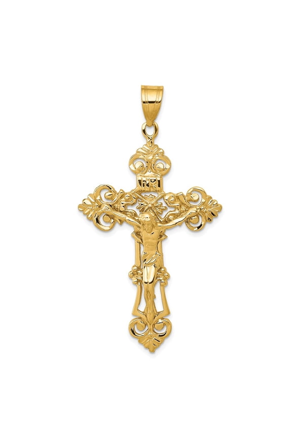 14K Yellow Gold Charm Pendant Themed 57 mm 31 Inri Fleur De Lis Crucifix