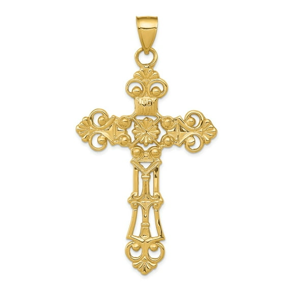14K Yellow Gold Charm Pendant Themed 79 mm 42 Fleur De Lis Large Cross