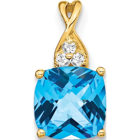 14K Yellow Gold Checkerboard Blue Topaz And Diamond Pendant (Width 7) (Length 13.5) - Jbsp