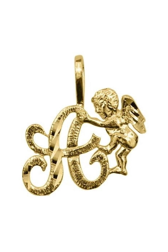 14K Yellow Gold Cherub & Cursive Initial Letter A Pendant