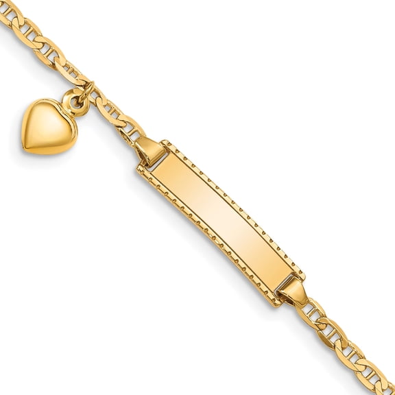 Jewelry by Sweet Pea 14K Yellow Gold Polished Solid Chain/Solid Plate Heart Dangle Anchor Link 20x5mm Plate 6 inch / ID Bracelet