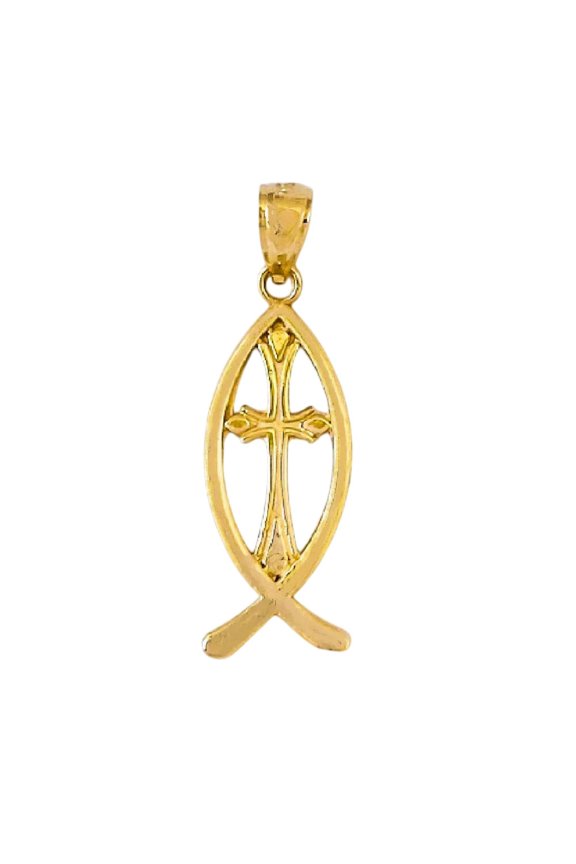 14K Yellow Gold Christian Fish with Cross Pendant
