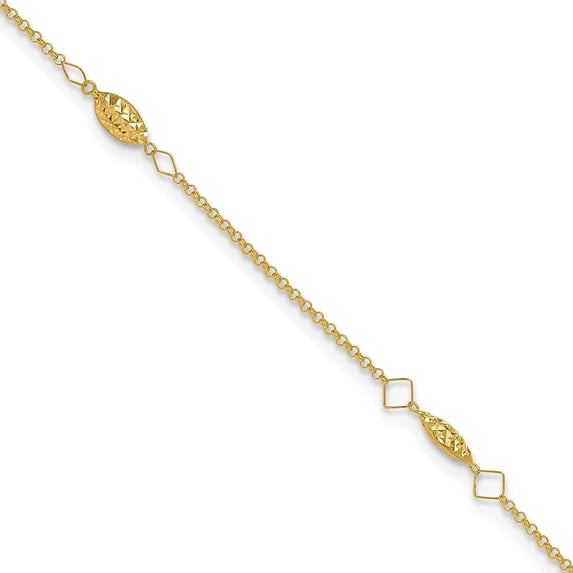 14K Yellow Gold Circle Chain Diamond Cut Rice Puff Beads 10in Plus 1in Ext Anklet - 11"