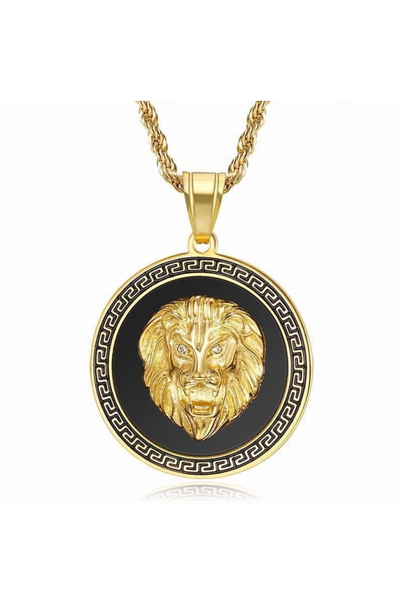 14K Yellow Gold Circular Champion Necklace For Men Inlaid Zircon Lion Pendant Necklace Golden Silver Color Jewelry